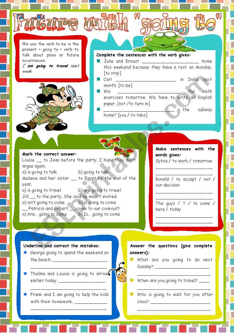 Future with going to: explanation  examples  5 tasks  teachers handout with keys  2 pages  fully editable