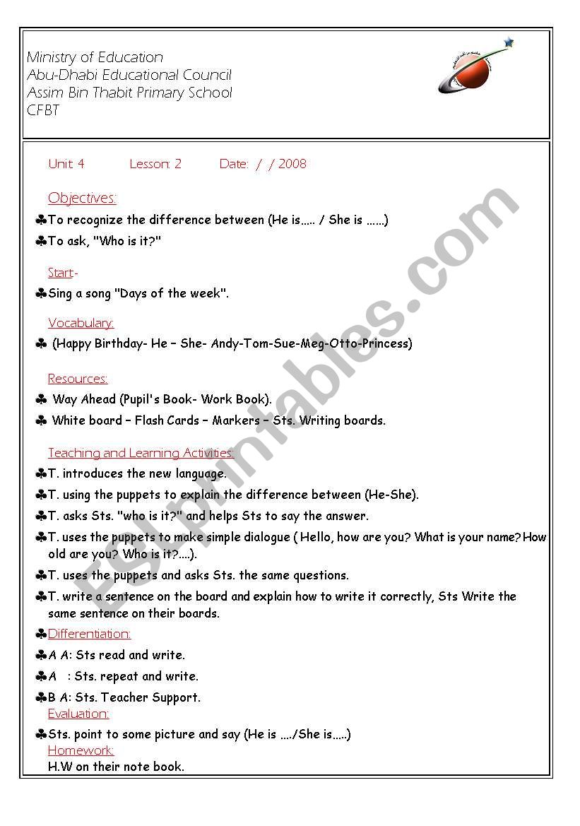 she /he is,,,, worksheet