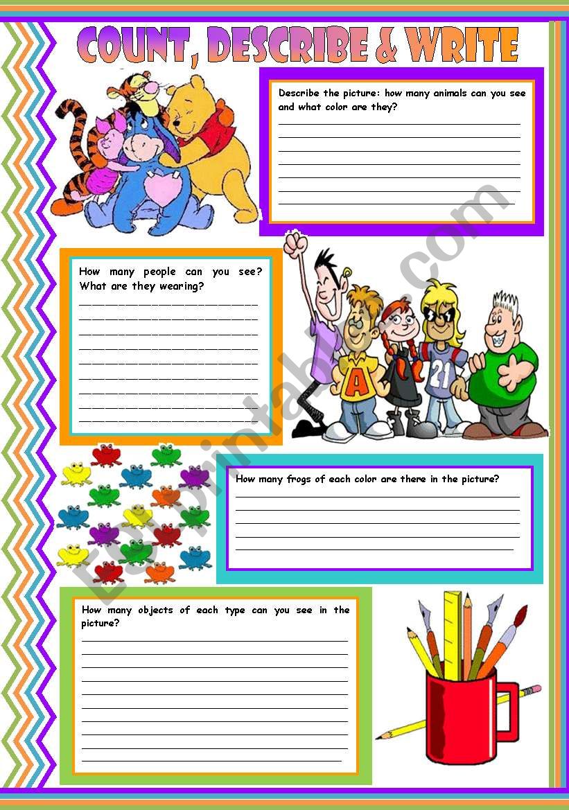 Count, describe & write: numbers  clothes  colors  school objects  animals  writing  description  4 easy tasks for beginners  fully editable