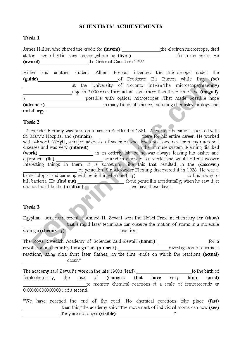scientists achievements . put in the right tense or form tasks
