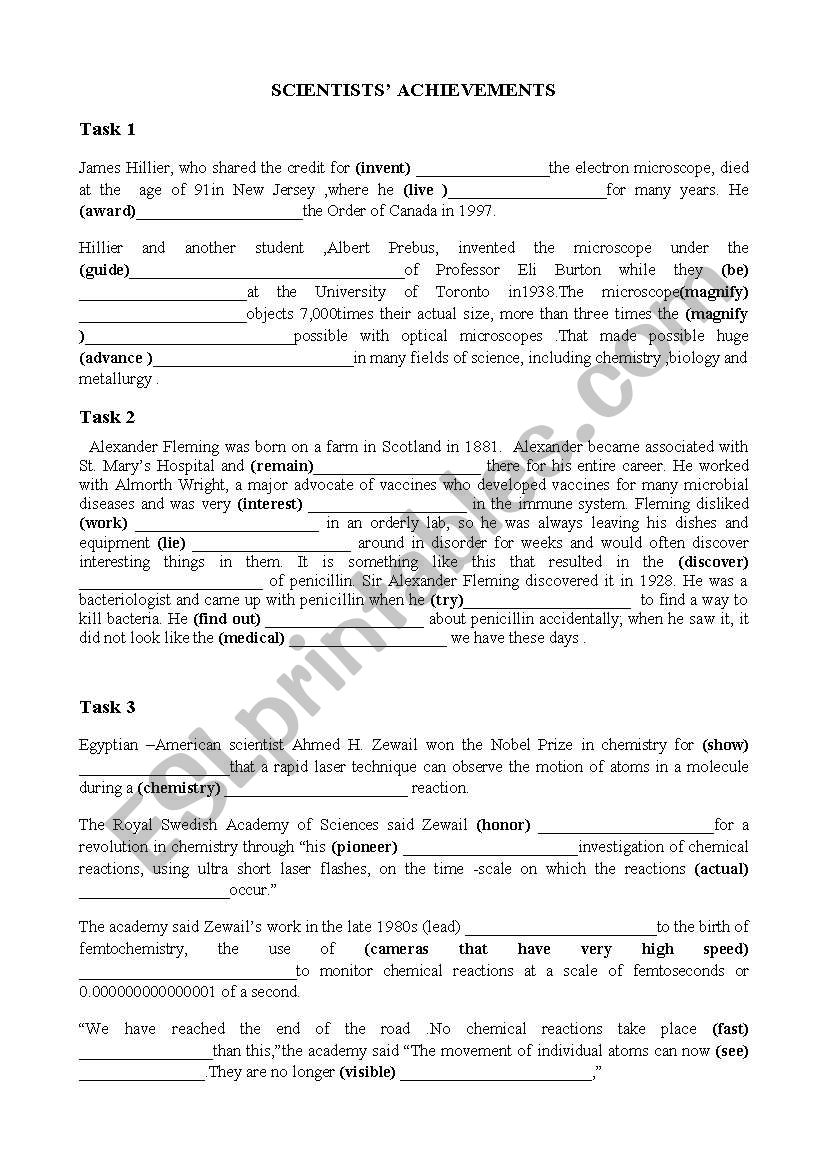 scientistsÂ´ achievements . put in the right tense or form tasks