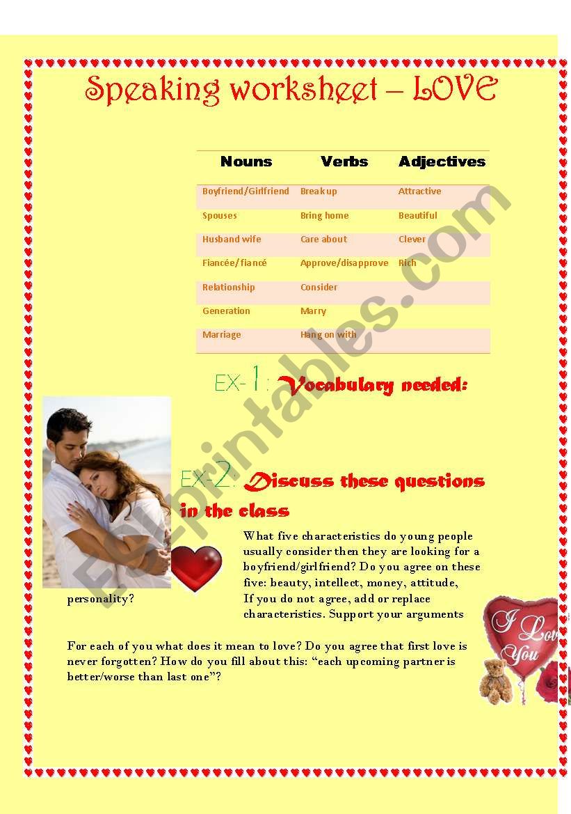 Speaking worksheet on topic LOVE