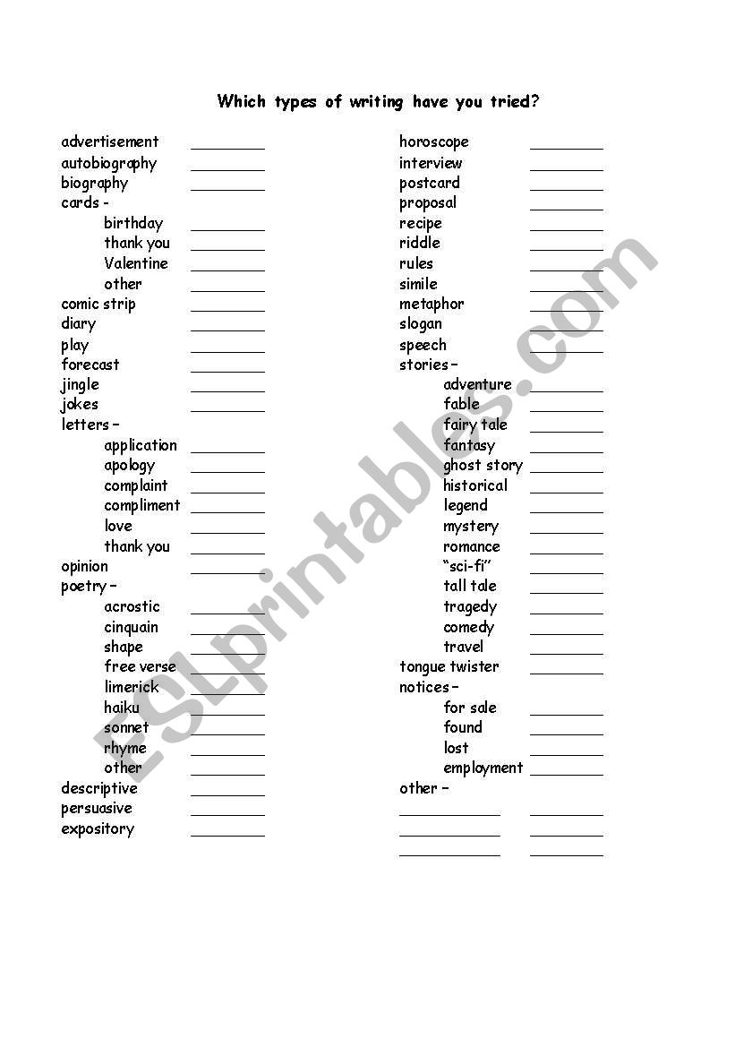 Types of Writing checklist worksheet