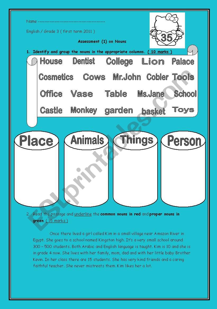 Assessment on nouns worksheet