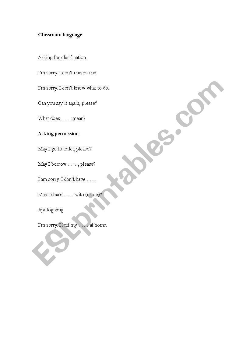 CLASSROOM LANGUAGE worksheet