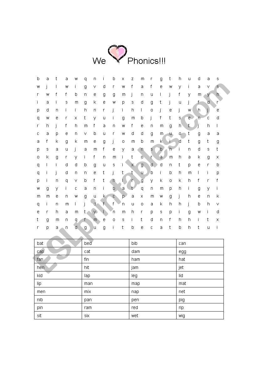 Short Vowel Phonics Word Search