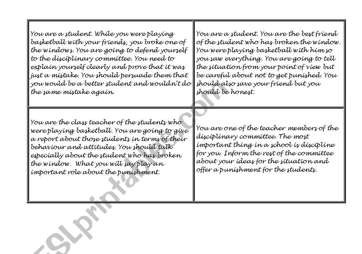 role play cards for disciplinary committee setting