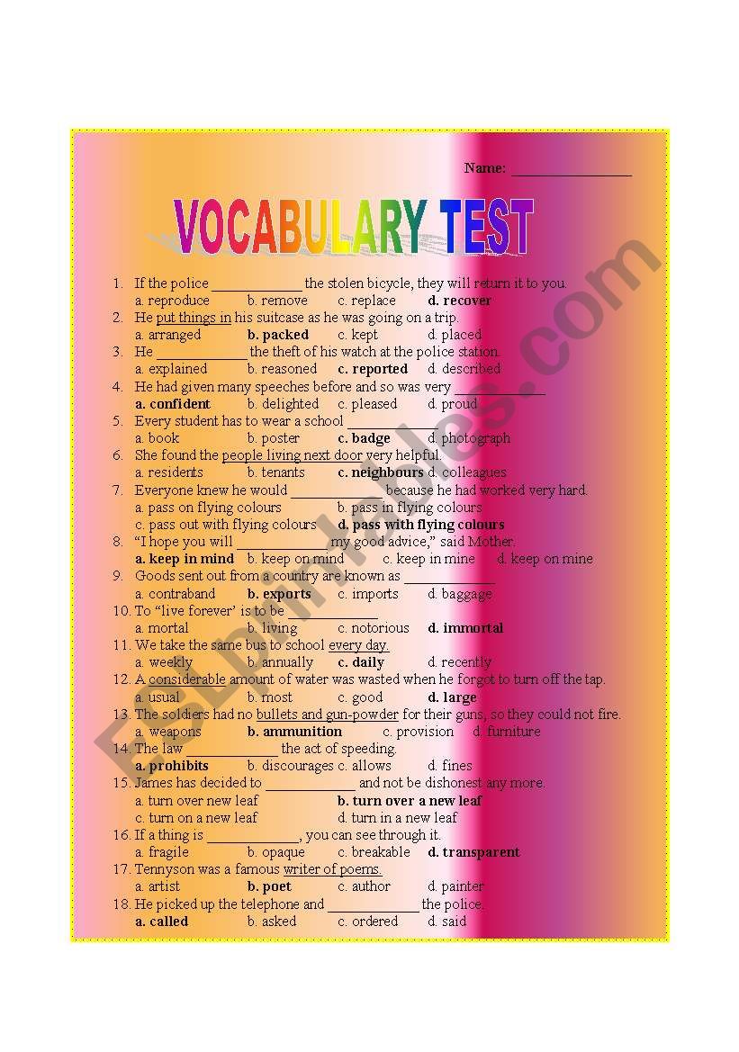 Vocabulary Test worksheet