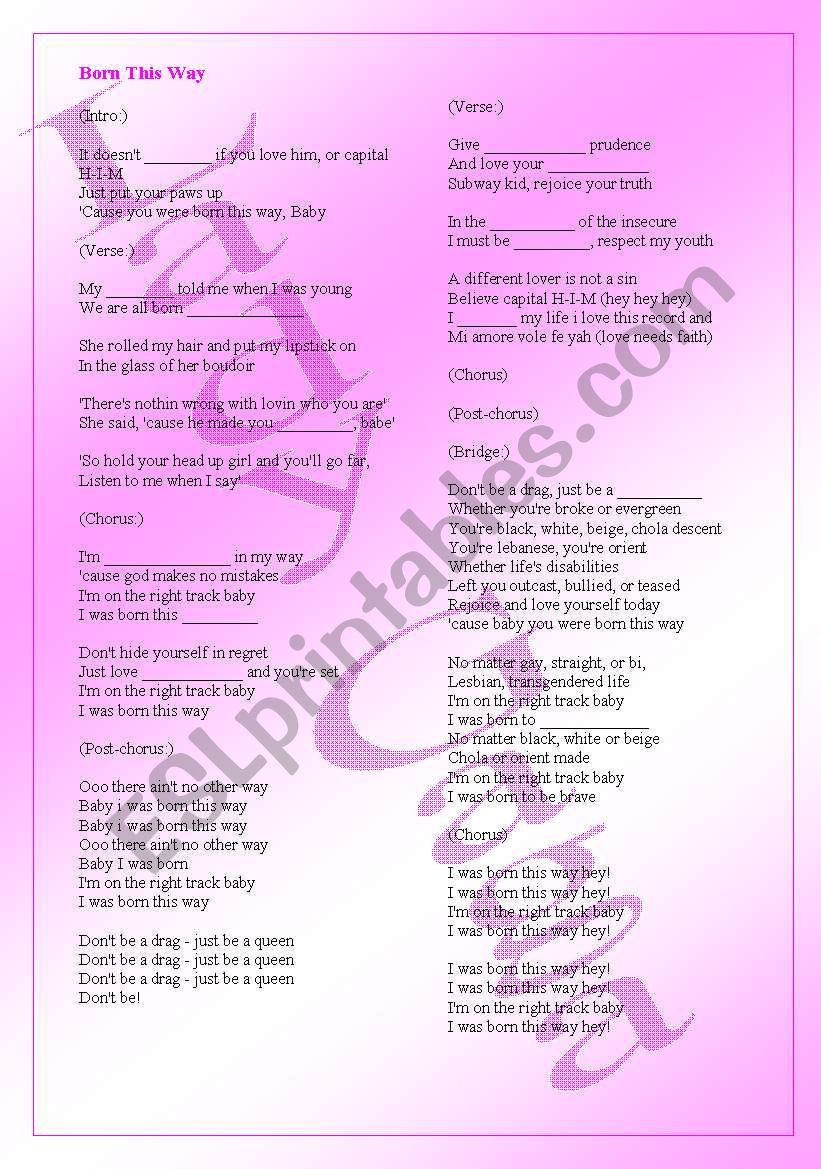 Born this way - Lady Gaga worksheet