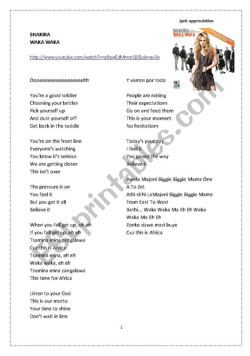 English Worksheets Lyric Appreciation Wakawaka Shakira
