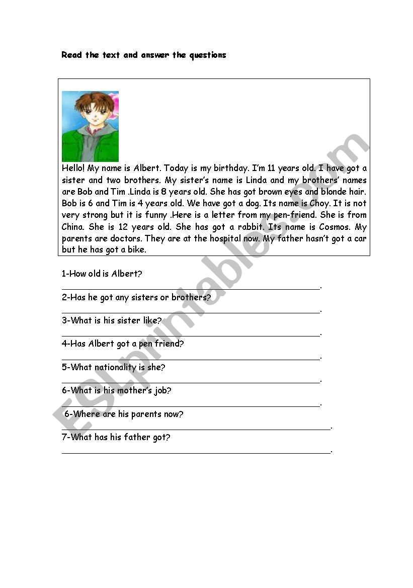 Tom and his family worksheet