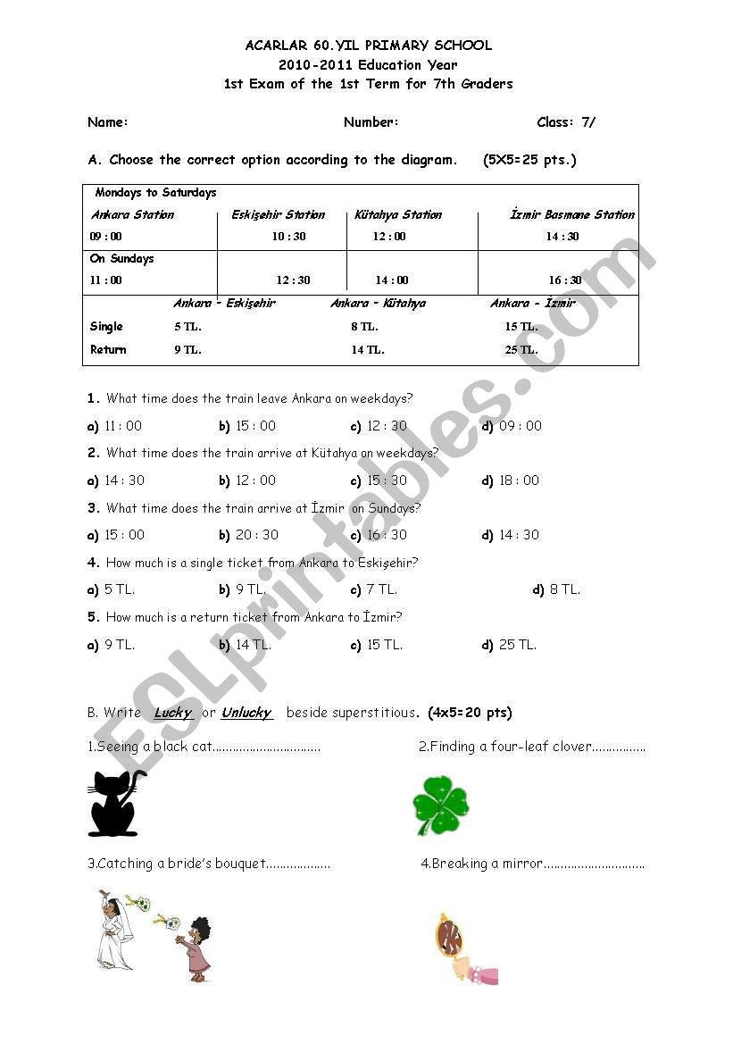exam for 7th graders worksheet