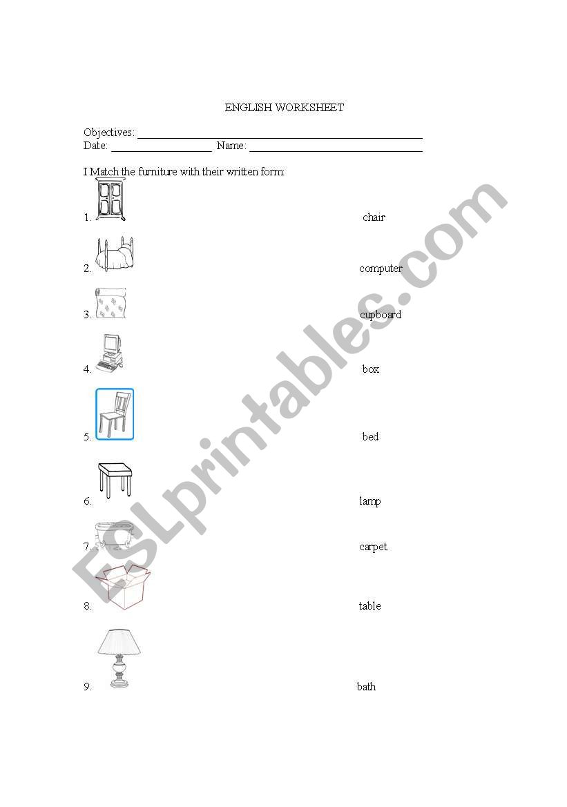 furniture vocabulary worksheet