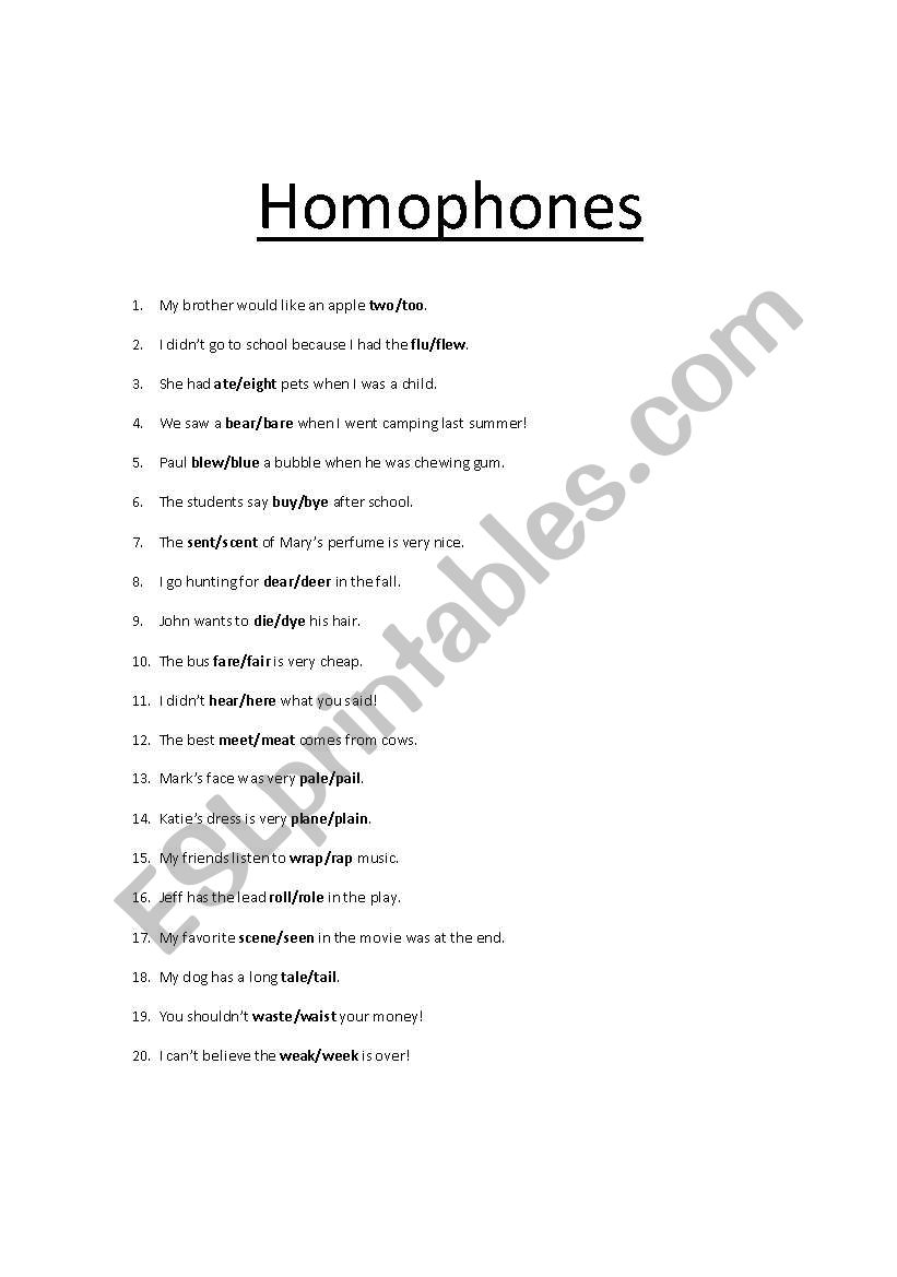 Homophones Worksheet worksheet