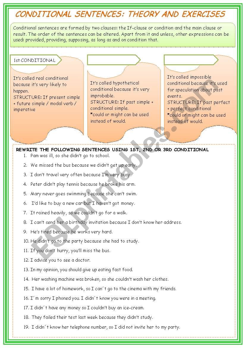 REWRITE CONDITIONAL SENTENCES KEY INCLUDED ESL Worksheet By Aragoneses