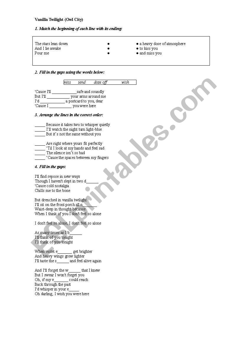 Vanilla Twilight by Owl City worksheet