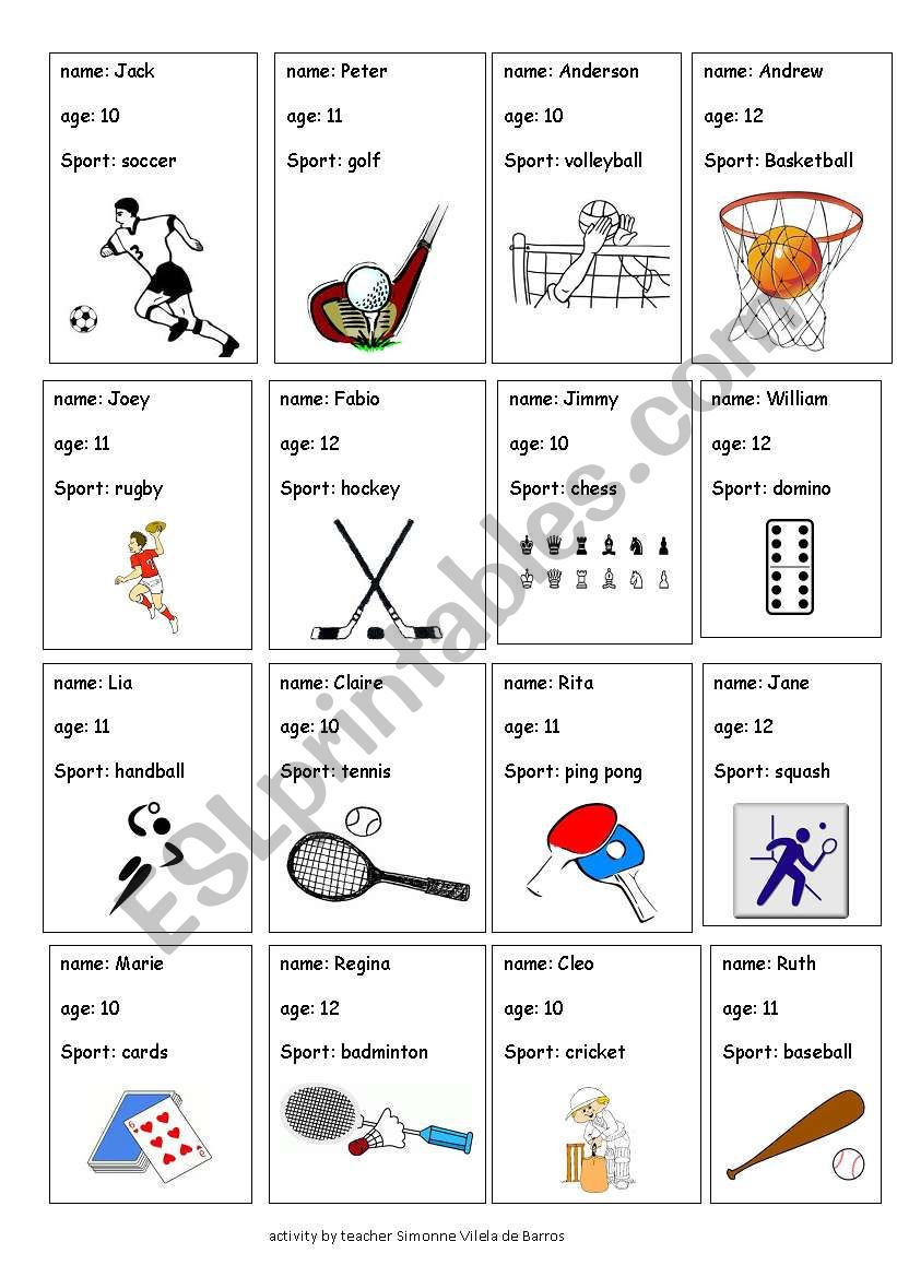 Sports role play cards worksheet