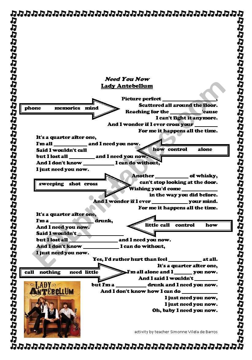 Need you now worksheet