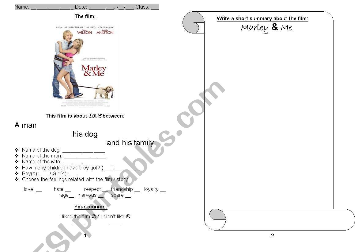 Marley and Me worksheet