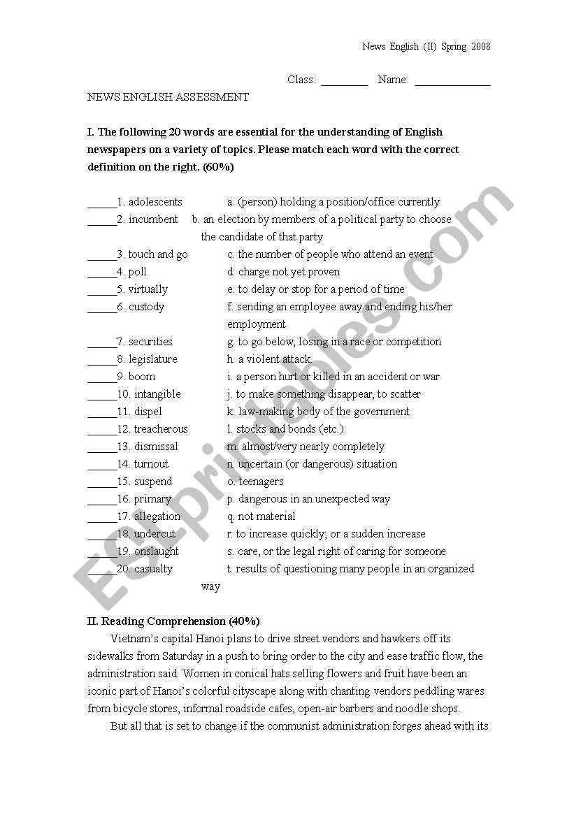 News English Assessment worksheet