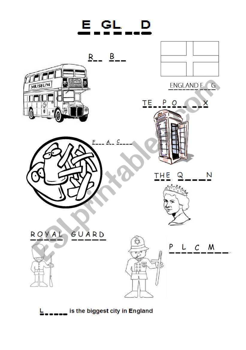 England Colour-In/ Fill in the gap. Fish and chips/the queen/telephone box