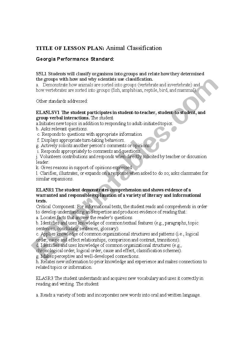 Animal Classification  worksheet