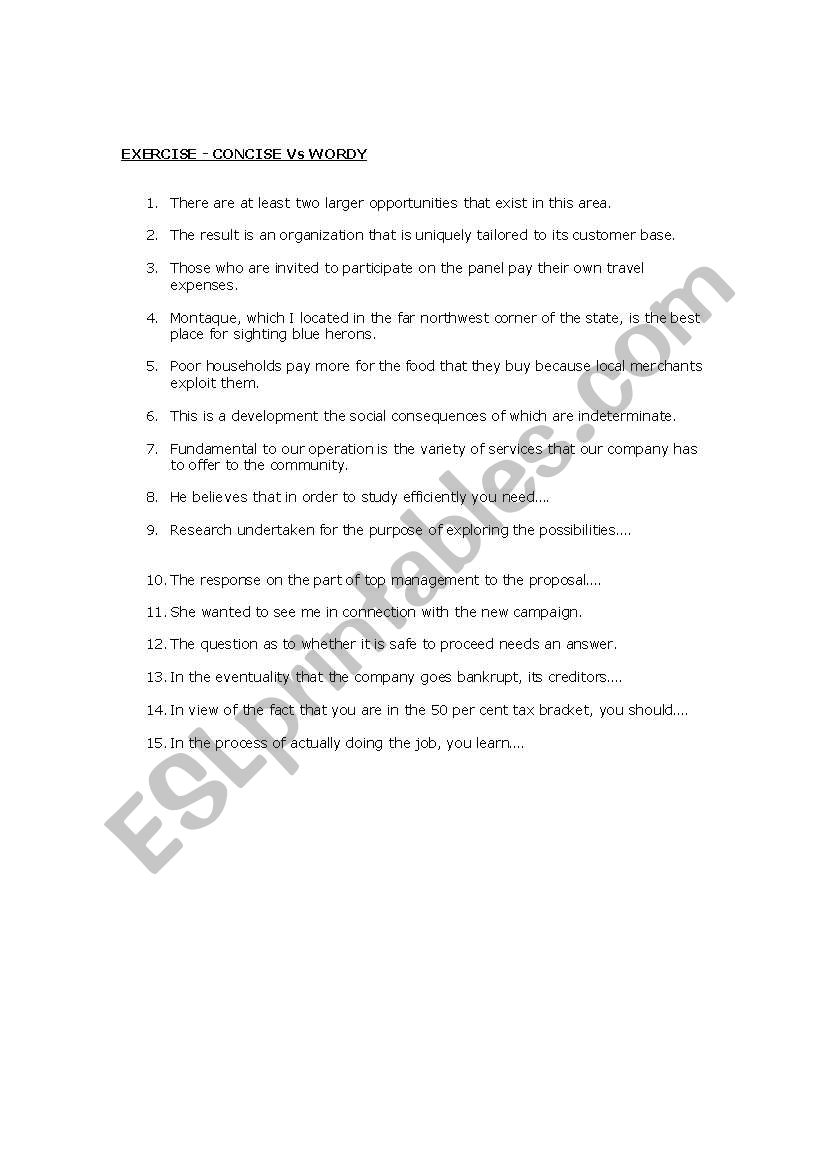 Concise Vs Wordy Exercise worksheet