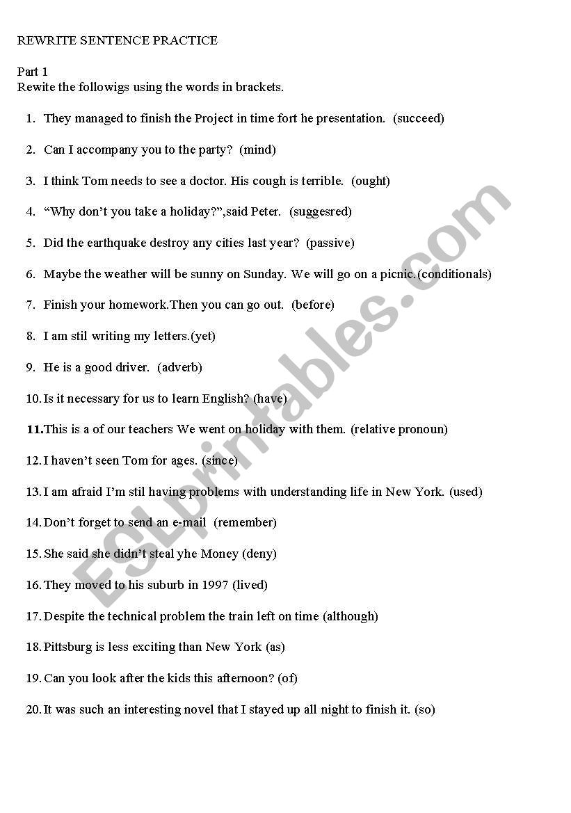 Rewrite sentence practice worksheet