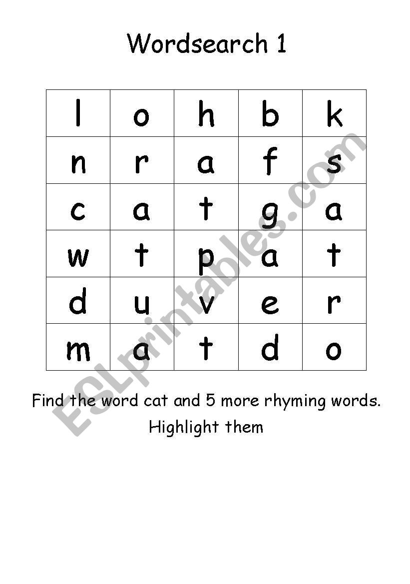 Wordsearch CVC rhymes worksheet