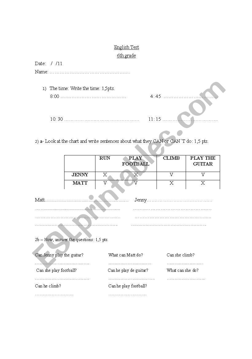 Test for 6th grade worksheet