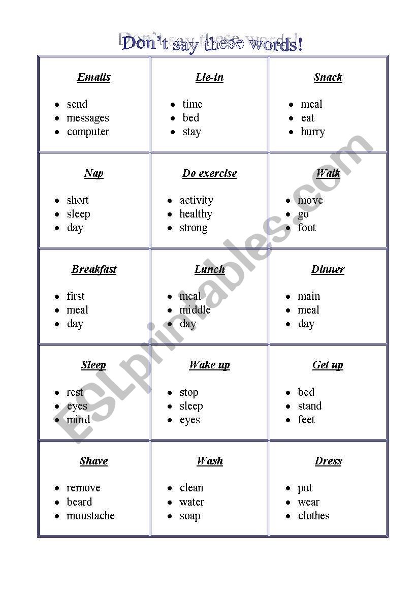 Dont say these words! worksheet