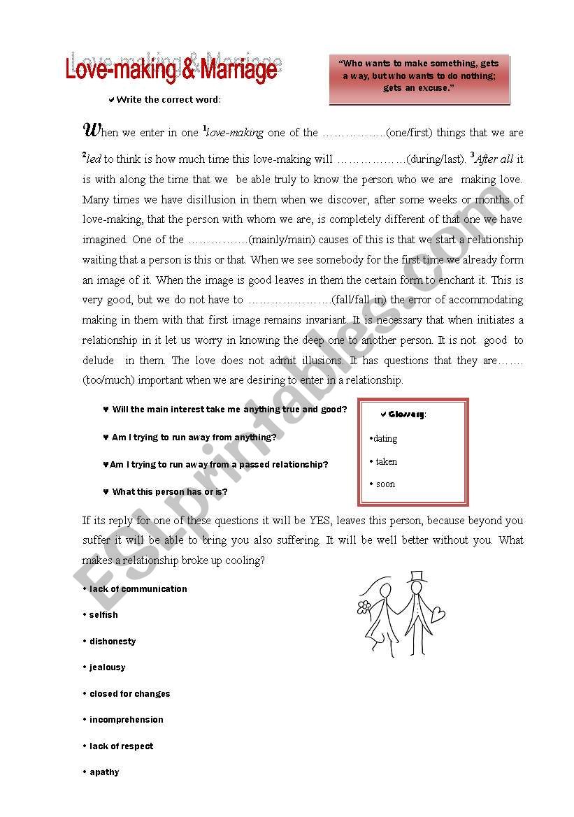 Love-making and Marriage worksheet