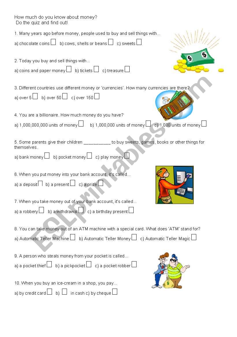 Money Quiz, fun with pictures worksheet