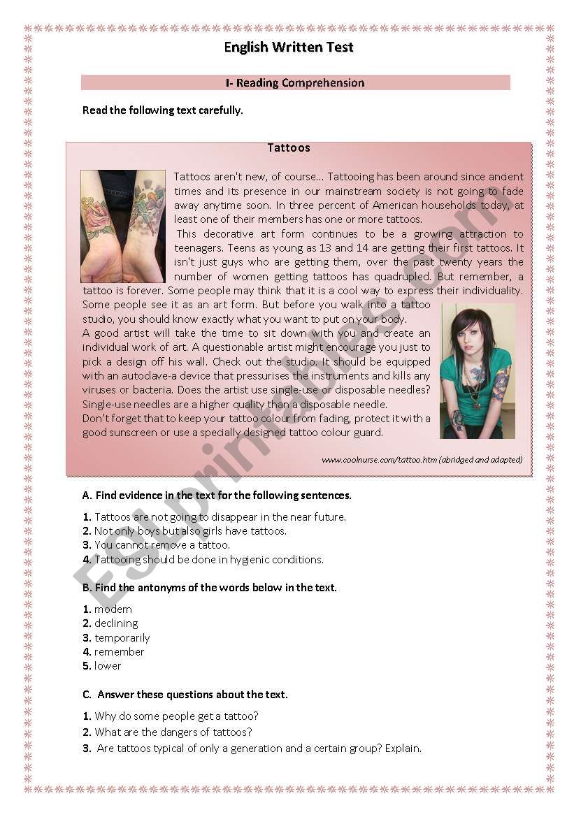 English test about Tattoos worksheet