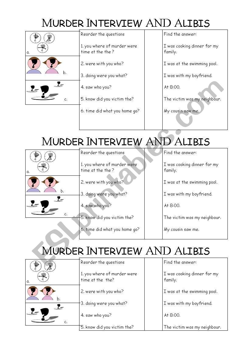 MURDER INTERVIEW QUESTIONS worksheet