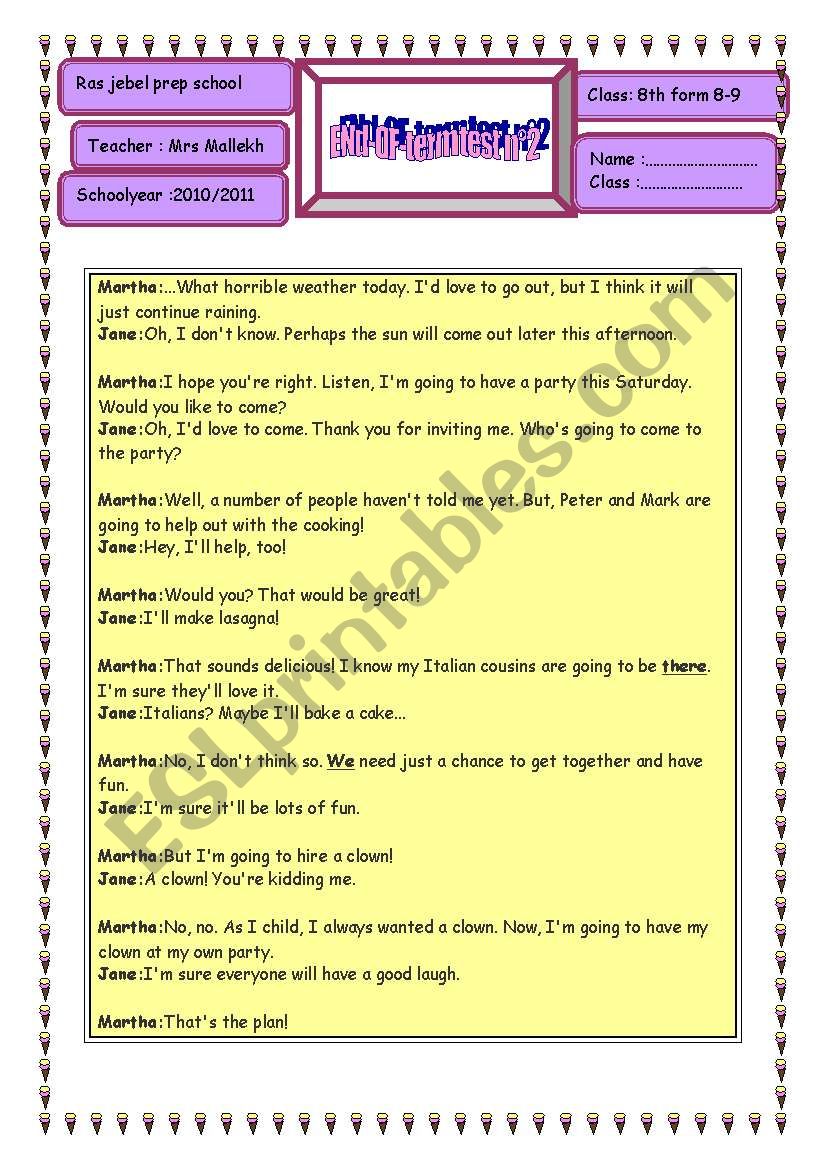 end - of-term 2 8th form test worksheet