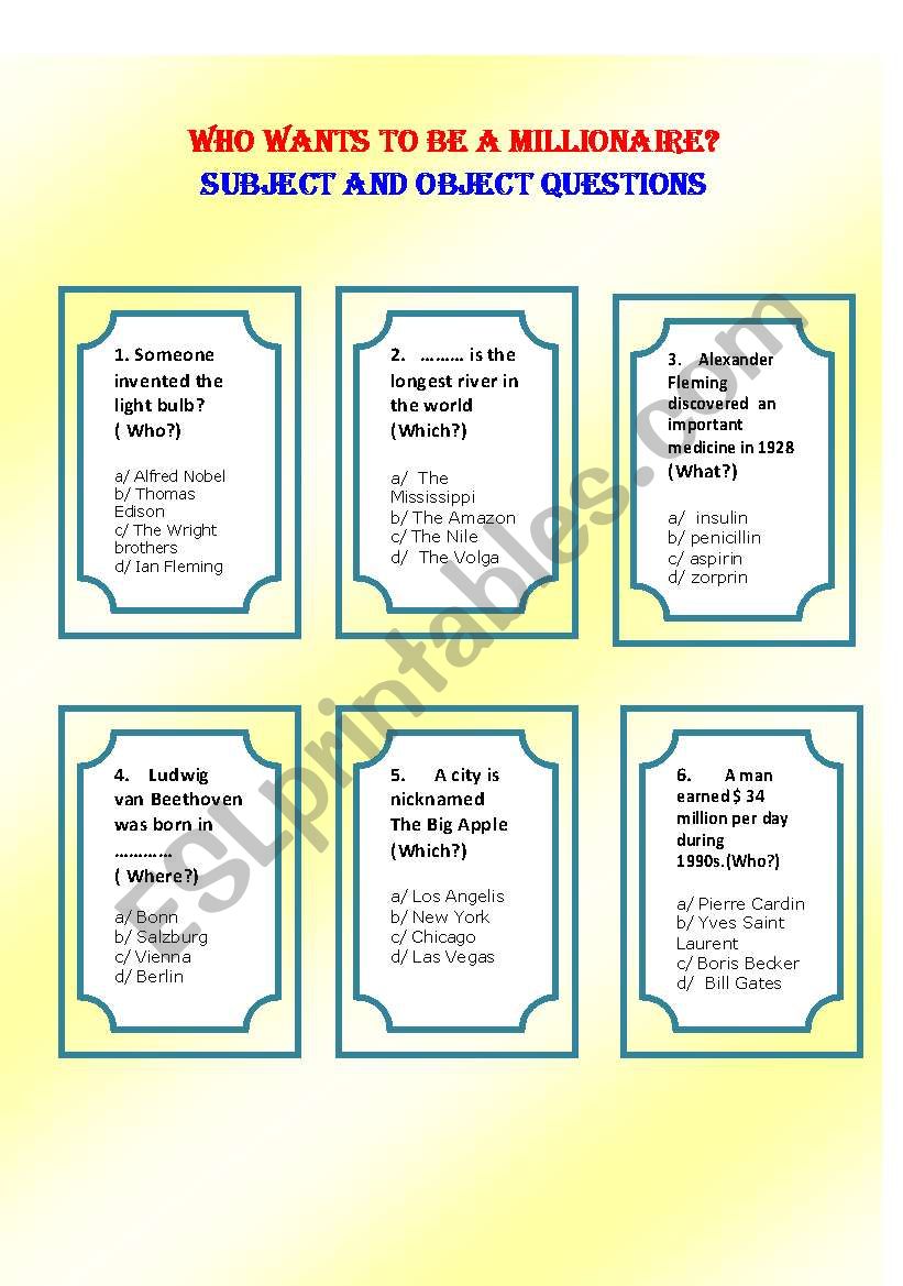 Who Wants to be a Millionaire - 62 Speaking Cards for making Subject and Object Questions + Rules + Answers. Fully Editable