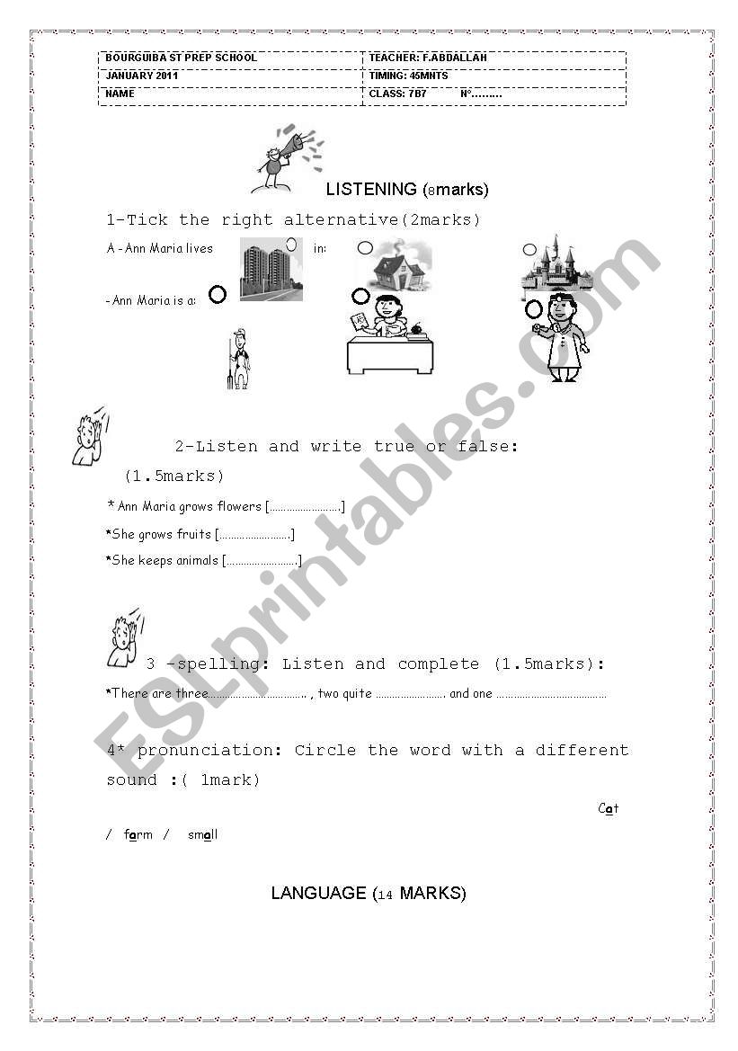 mid term test2 7th form worksheet