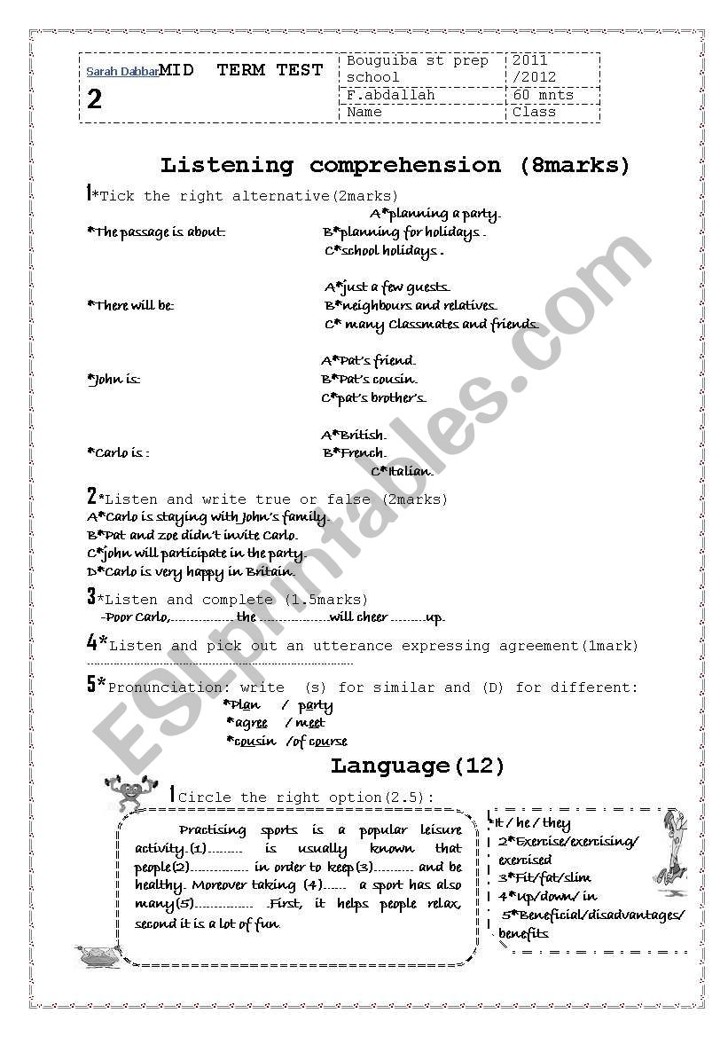 mid tern test 2 8th form worksheet