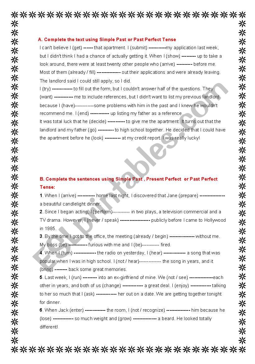 past perfect and past simple worksheet