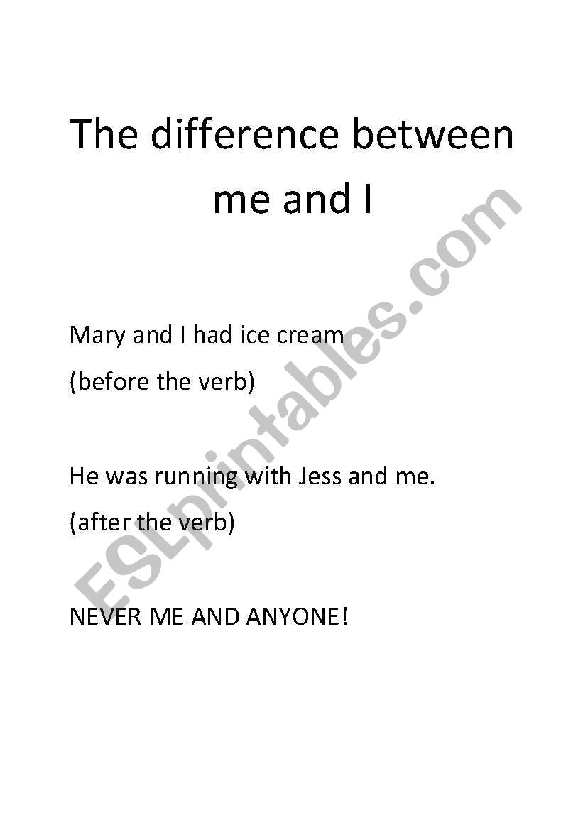 Difference between me and I worksheet