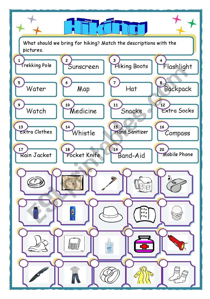 What to bring for Hiking worksheet