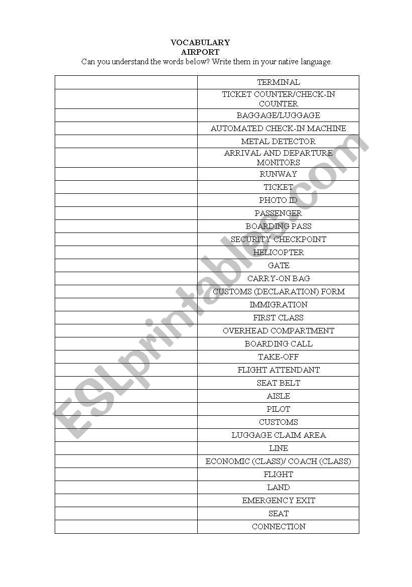 Airport Vocabulary worksheet