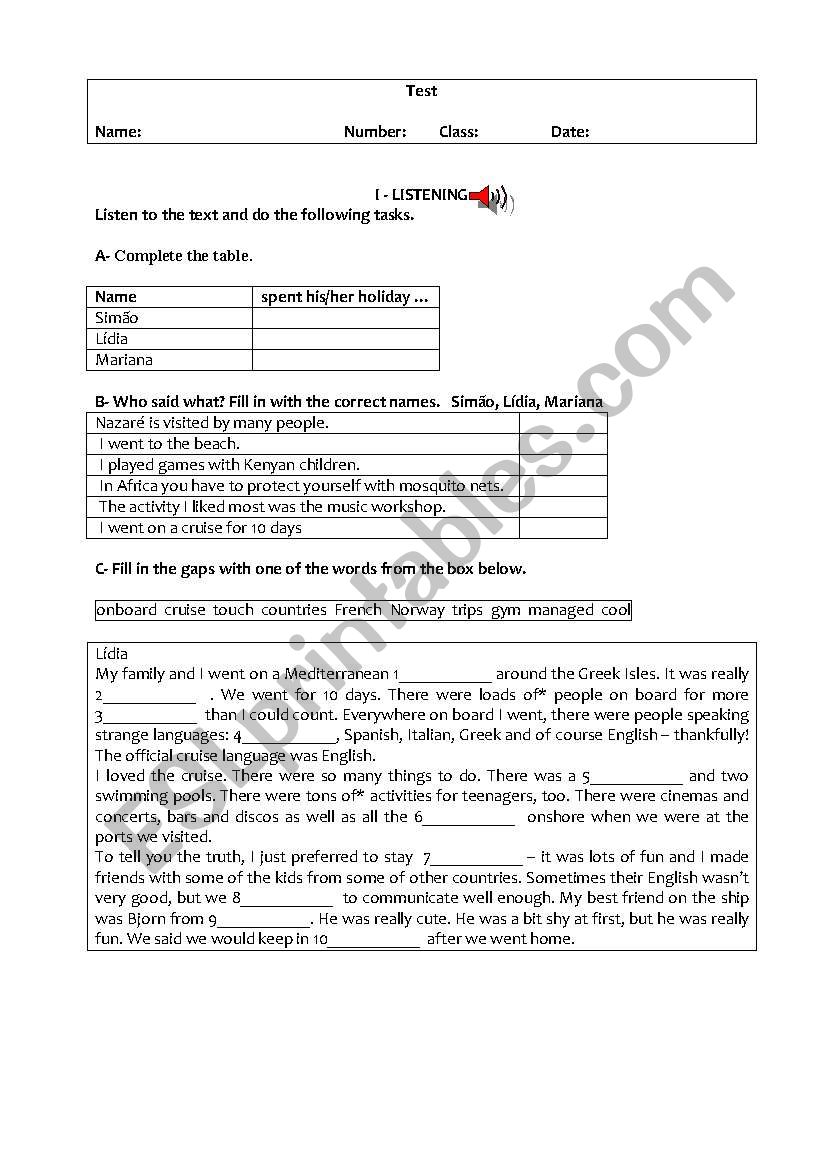 Holidays worksheet