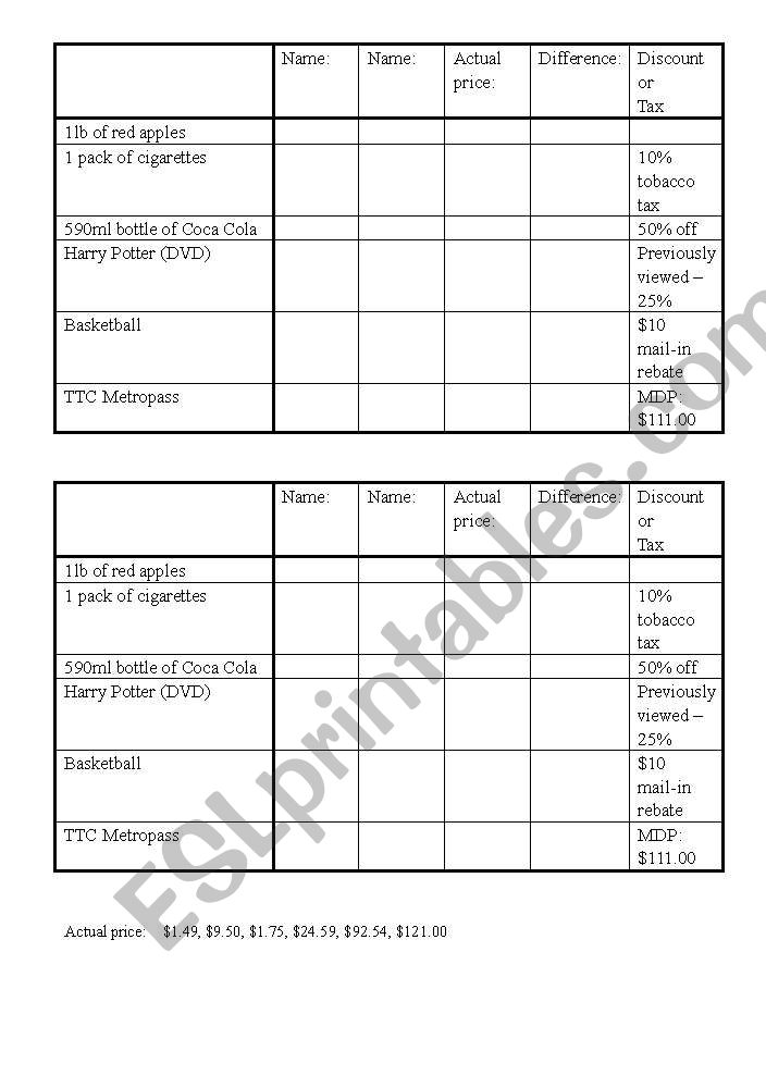 Pricing Survey worksheet