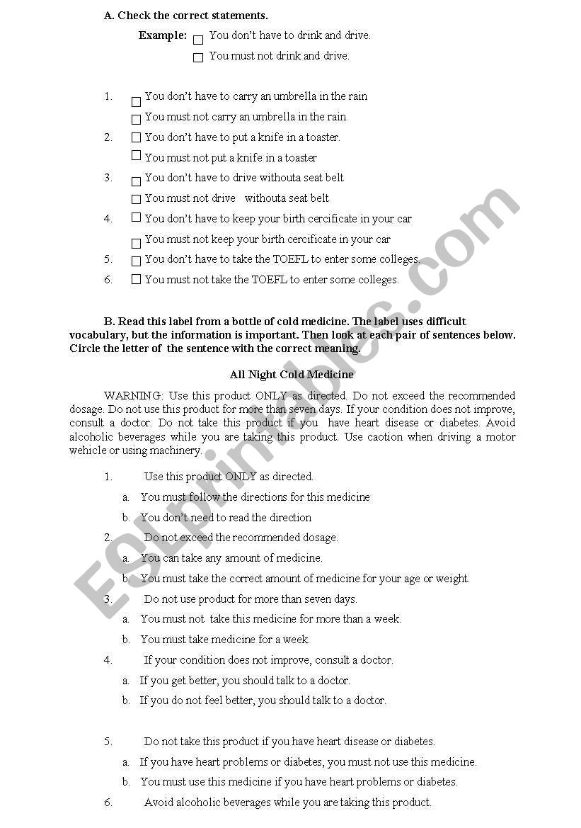 A worksheet about must and have to