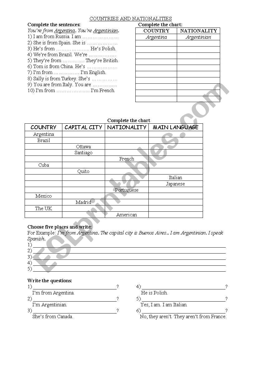 COUNTRIES AND NATIONALITIES worksheet