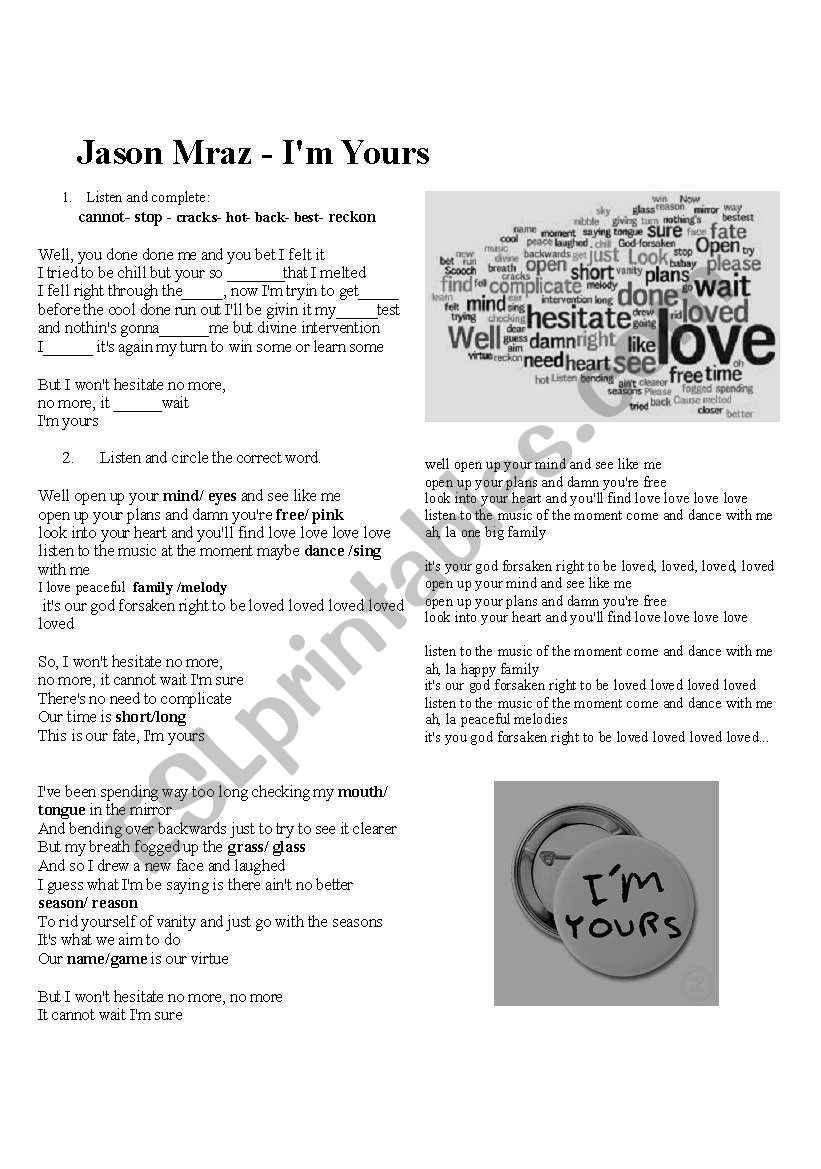 Im Yours Jason Mraz worksheet