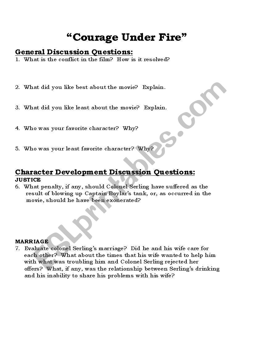 Courage Under Fire questions worksheet
