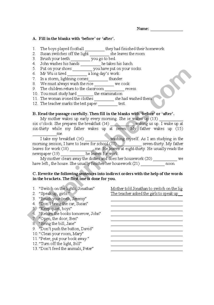 Test about Before and After and Indirect Order